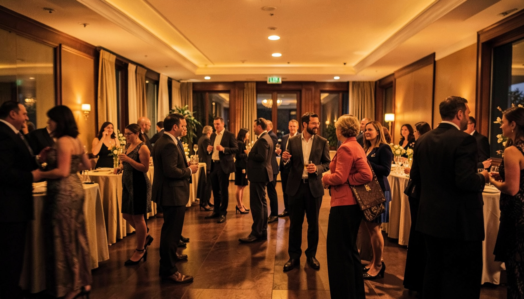 Warmly lit evening reception with people mingling, soft amber and gold tones