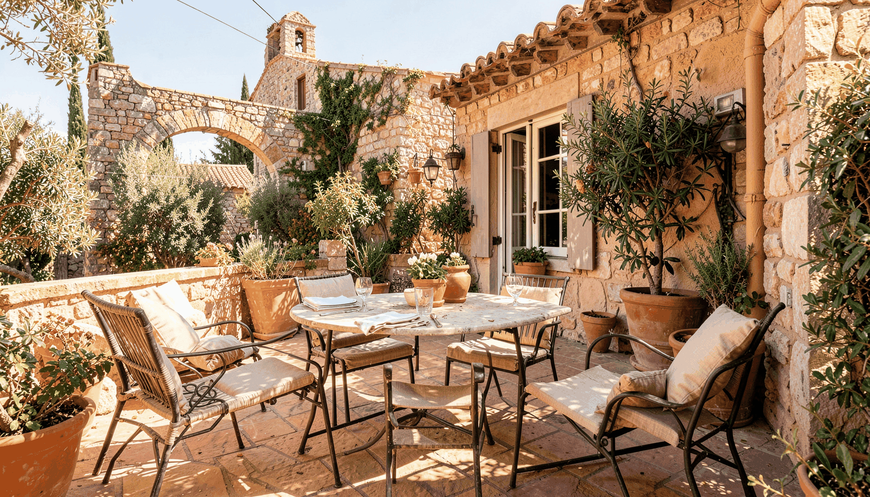 Sunlit Mediterranean terrace with outdoor seating, warm stone tones and greenery